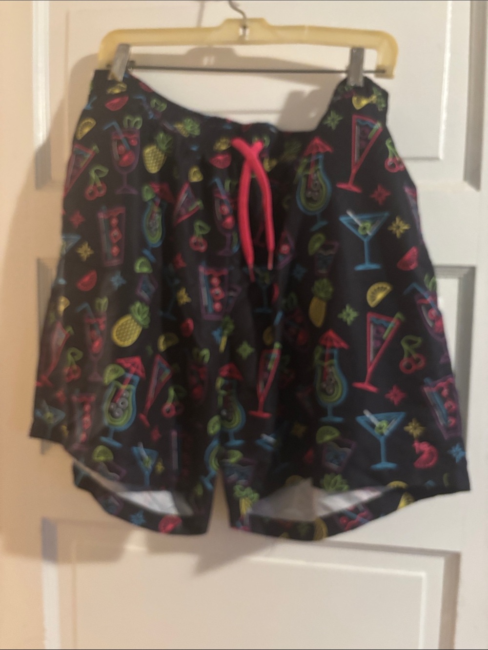 Men’s Black Neon Cocktail Print Swim Shorts with Pink Drawstring